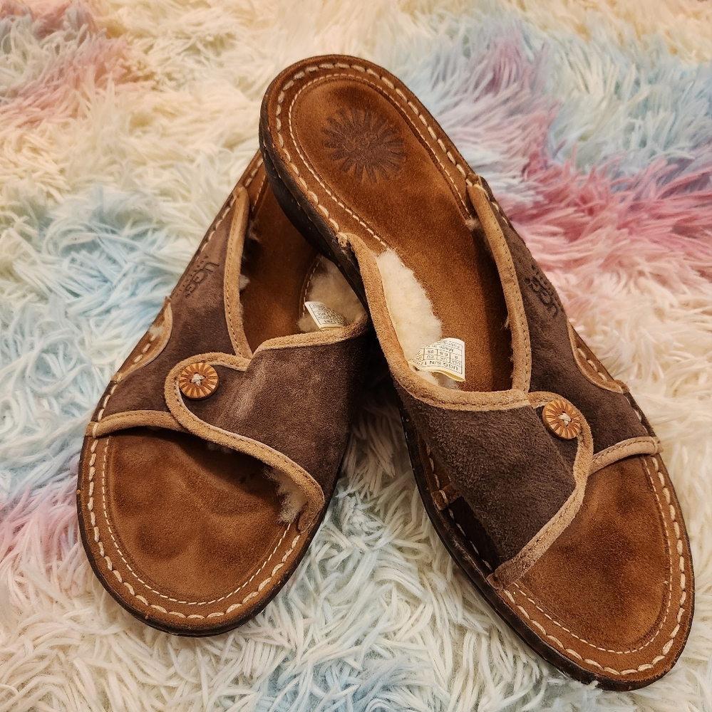 UGG KALAMA Brown Suede Sherpa Slides Open Toe Leather Sandals 1793